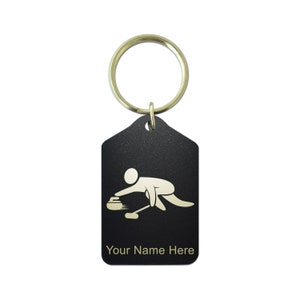 Black Metal Keychain, Curling Figure, Personalized Engraving Included