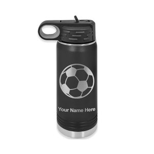 May include: Black stainless steel water bottle with a silver soccer ball design and the text "Your Name Here".
