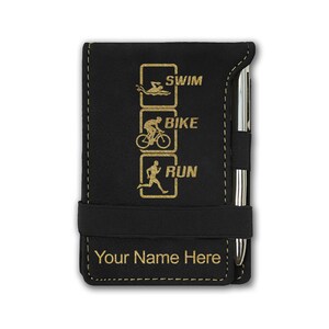 Faux Leather Mini Notepad, Swim Bike Run Vertical, Personalized Engraving Included
