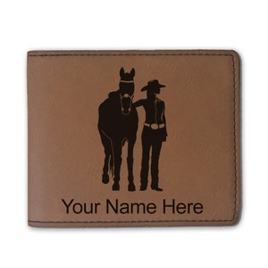 Cartera plegable de cuero sintético, caballo y mujer, grabado personalizado incluido