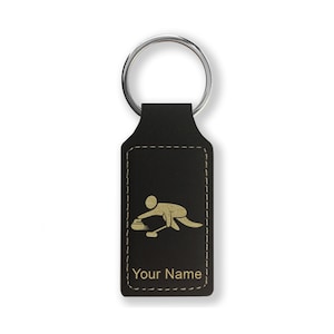 Faux Leather Rectangle Keychain, Curling Figure, Personalized Engraving Included