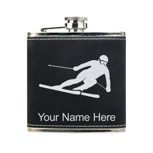 Faux Leather Flask, Skier Downhill, Personalized Engraving Included