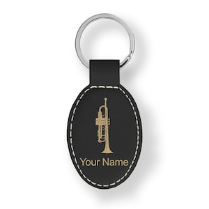 Faux Leather Oval Keychain, Trumpet, Personalized Engraving Included