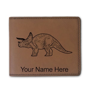 Cartera plegable de piel sintética, dinosaurio Triceratops, grabado personalizado incluido