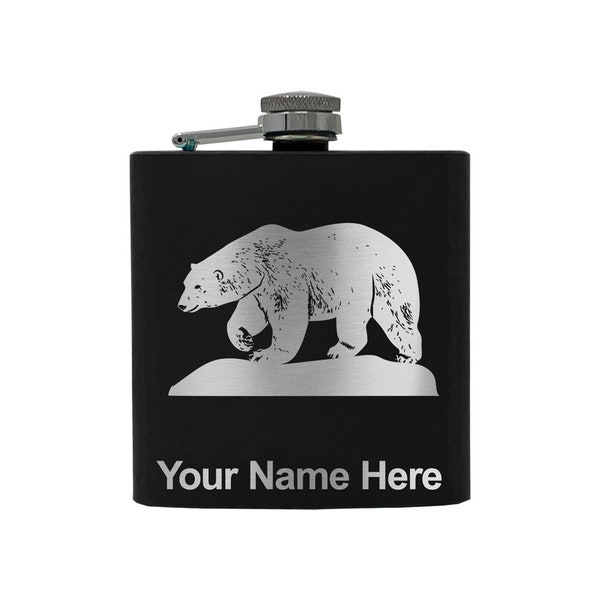 6oz Stainless Steel Flask, Polar Bear, Personalized Engraving Included (Stainless Steel)