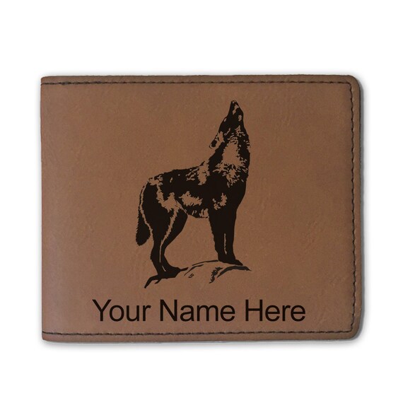 Faux Leather Bi-fold Wallet, howling Wolf, Personalized Engraving