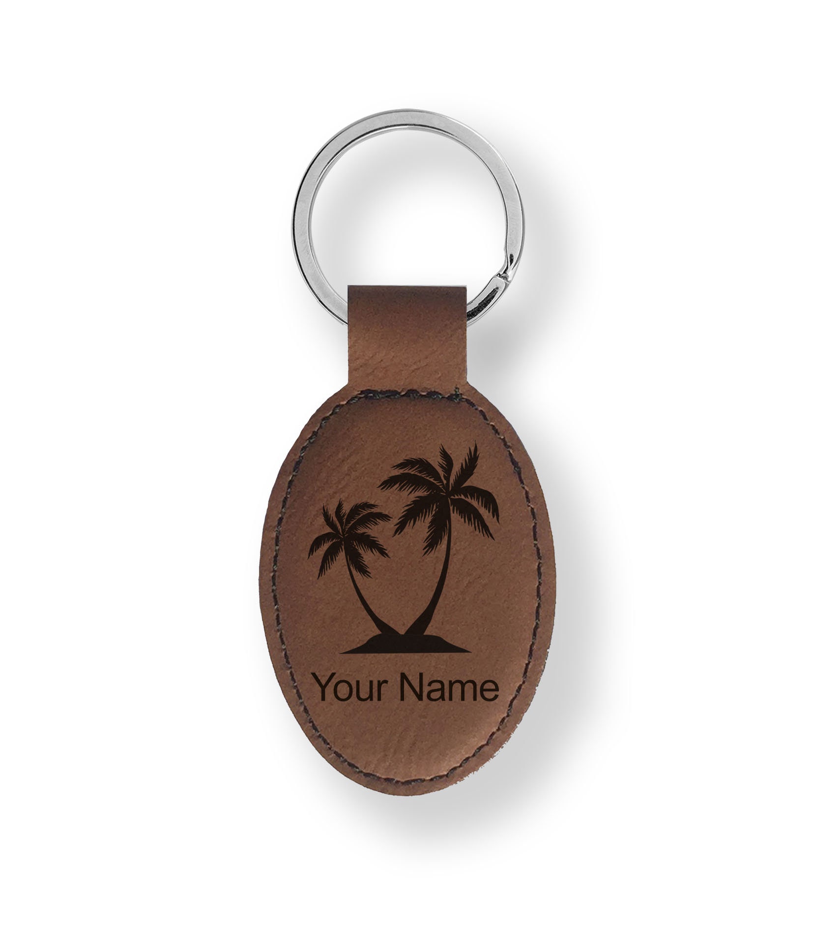 Faux Leather Oval Keychain, palm Trees, Personalized Engraving