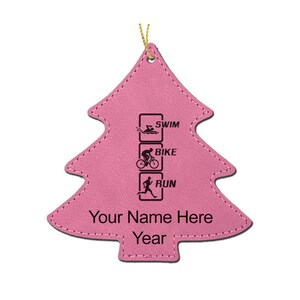 LaserGram Faux Leather Tree Shape Christmas Ornament, Swim Bike Run Vertical, Personalized Engraving Included