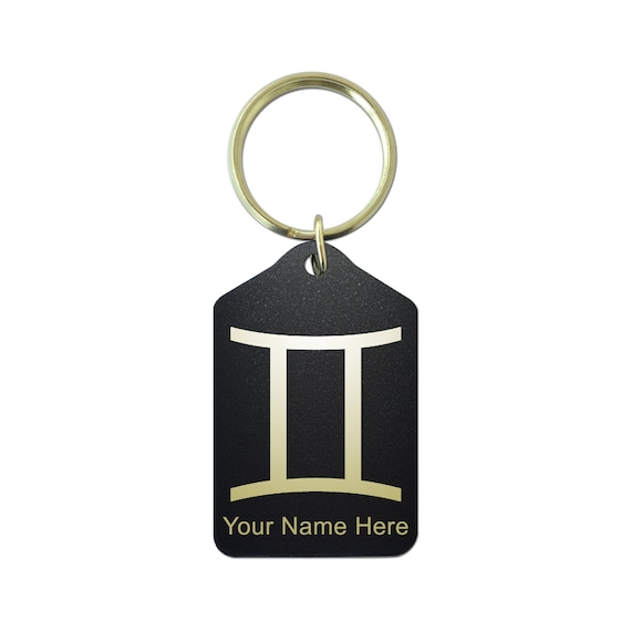 Black Metal Keychain, Zodiac Sign Gemini, Personalized Engraving