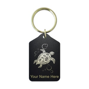 Black Metal Keychain, Hawaiian Sea Turtle, Personalized Engraving Included