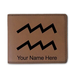 Cartera plegable de cuero sintético, signo zodiacal Aquarius, grabado personalizado incluido