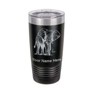 May include: Black insulated tumbler with a silver rim and lid. The tumbler features an etched illustration of an elephant. The text "Your Name Here" is below the elephant illustration. The tumbler is designed to keep beverages hot or cold.