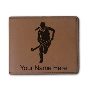 Cartera plegable de cuero sintético, mujer de hockey sobre césped, grabado personalizado incluido