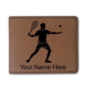 Cartera plegable de cuero sintético, hombre jugador de tenis, grabado personalizado incluido