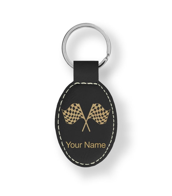 Faux Leather Oval Keychain, racing Flags, Personalized Engraving