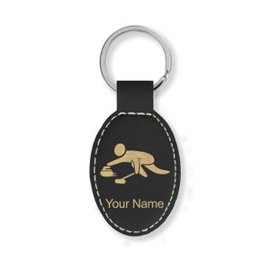 Faux Leather Oval Keychain, Curling Figure, Personalized Engraving Included