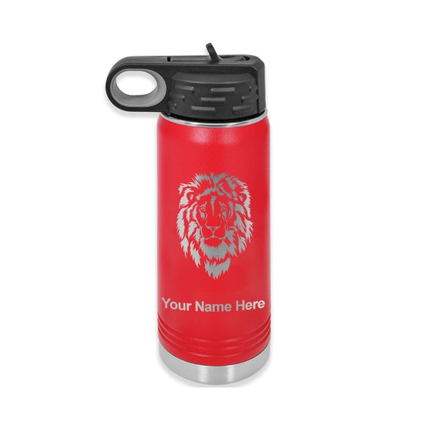 20oz Double Wall Flip Top Water Bottle with Straw, Lion Head, Personalized Engraving Included