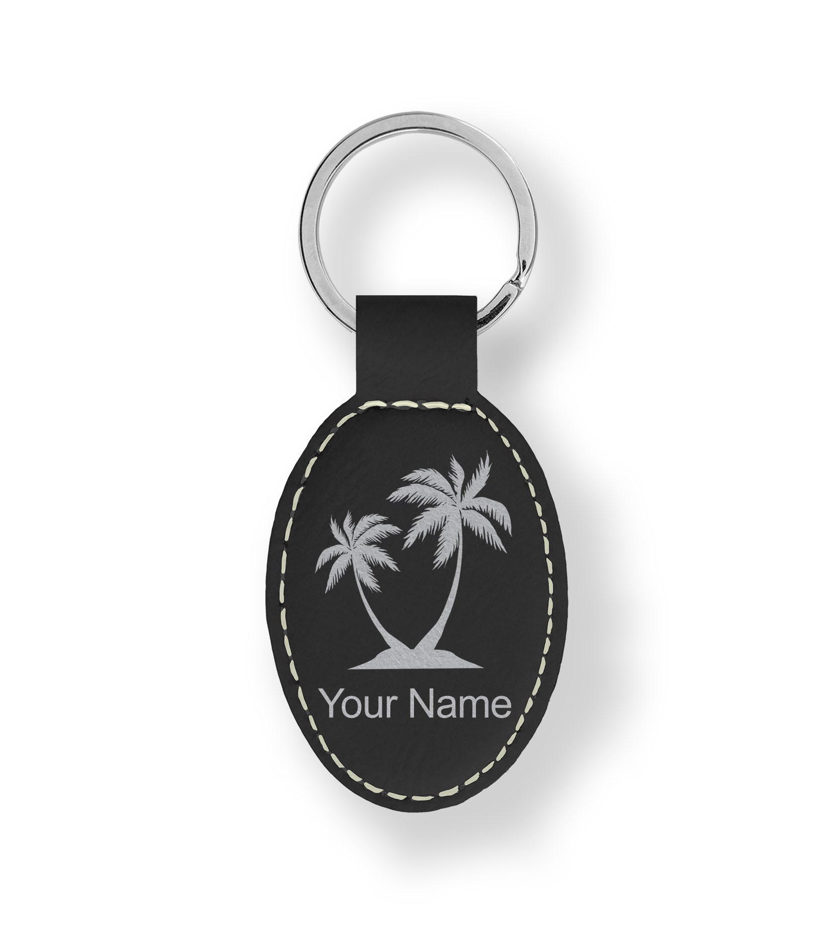 Faux Leather Oval Keychain, palm Trees, Personalized Engraving