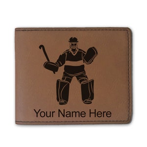 Cartera plegable de cuero sintético, portero de hockey sobre césped, grabado personalizado incluido