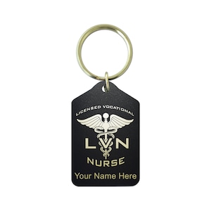 Black Metal Keychain, LVN Licensed Vocational Nurse, Personalized Engraving Included