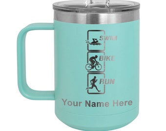 LaserGram 15oz Vacuum Insulated Coffee Mug, Swim Bike Run Vertical, Personalized Engraving Included