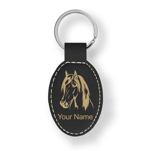 Faux Leather Oval Keychain, Horse Head 1, Personalized Engraving Included