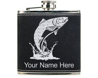 Faux Leather Flask, Trout Fish, Personalized Engraving Included