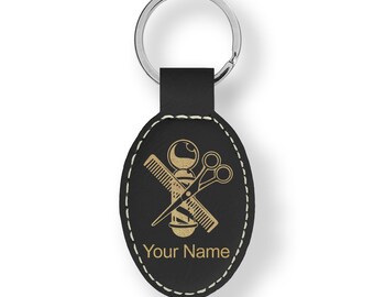 Faux Leather Oval Keychain, Barber Shop Pole, Personalized Engraving Included