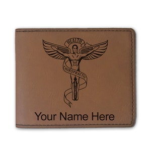 Cartera plegable de cuero sintético, símbolo quiropráctico, grabado personalizado incluido