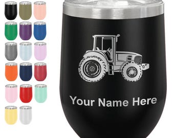 LaserGram Double Wall Stainless Steel Wine Glass Tumbler, Farm Tractor, Personalized Engraving Included