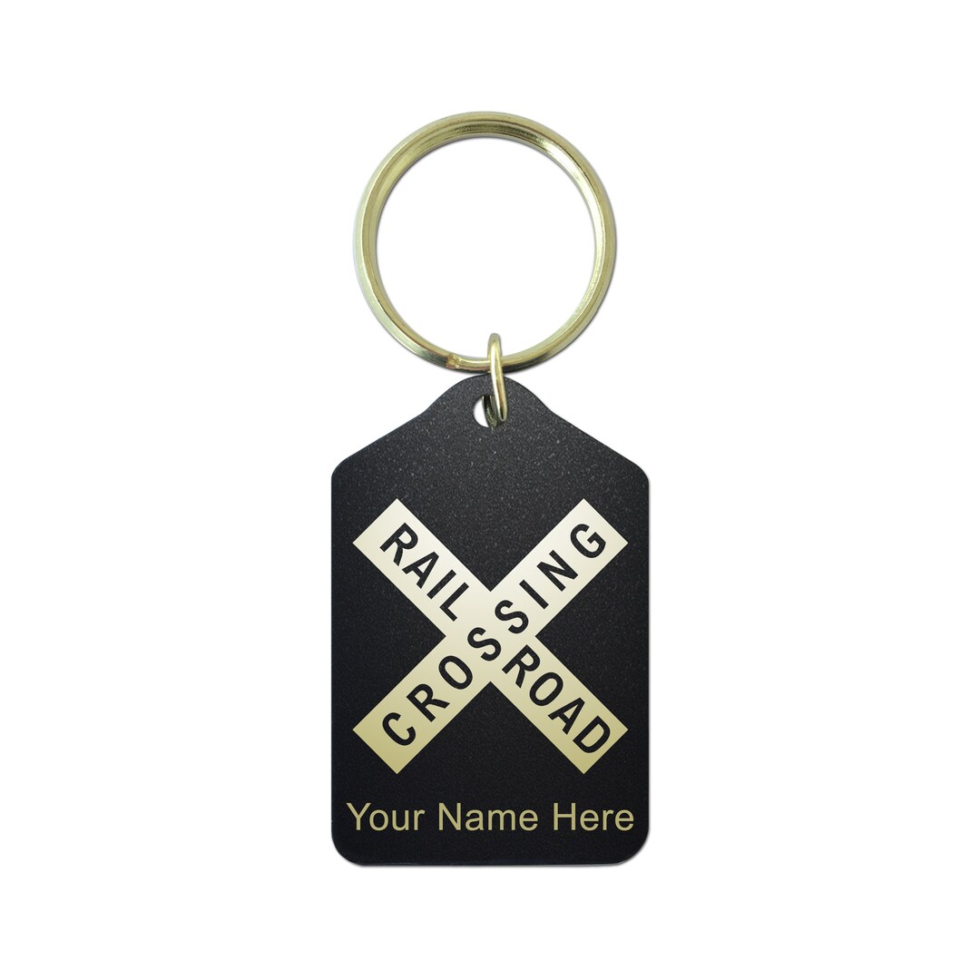 Black Metal Keychain, Railroad Crossing Sign 1, Personalized Engraving ...