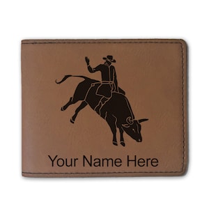 Cartera plegable de cuero sintético, Bull Rider Cowboy, grabado personalizado incluido