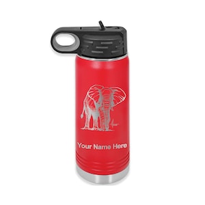 May include: Red stainless steel water bottle with a black lid and a carrying handle. The bottle has an engraved image of an elephant and the text "Your Name Here".