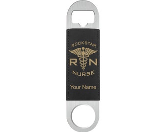 Faux Leather Bottle Opener, RN Rockstar Nurse, Personalized Engraving Included (Faux Leather)