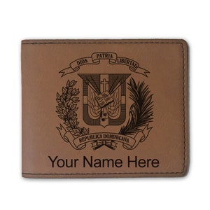 Cartera plegable de cuero sintético, escudo de armas República Dominicana, grabado personalizado incluido