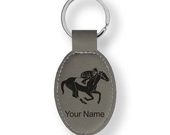 Faux Leather Oval Keychain, horse Racing, Personalized Engraving