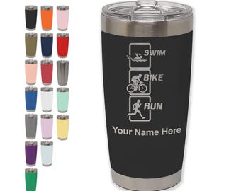 20oz Tumbler Mug, Swim Bike Run Vertical, Personalized Engraving Included