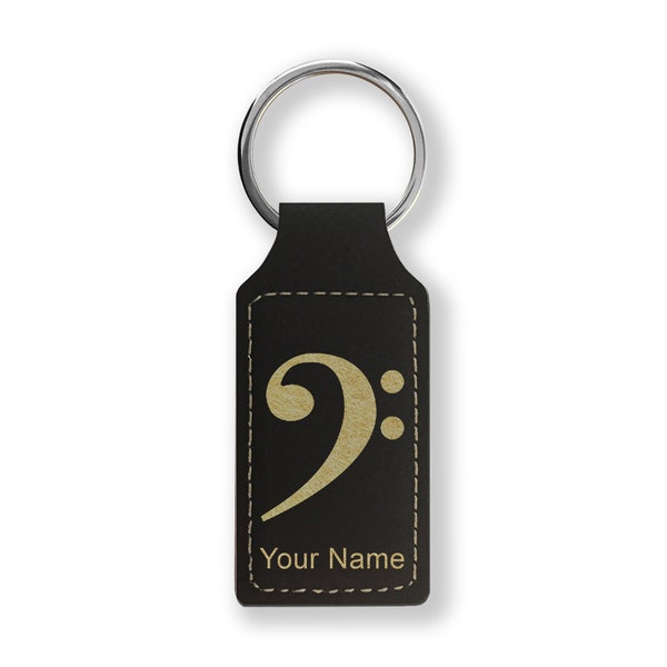 Faux Leather Rectangle Keychain, Bass Clef, Personalized Engraving Included
