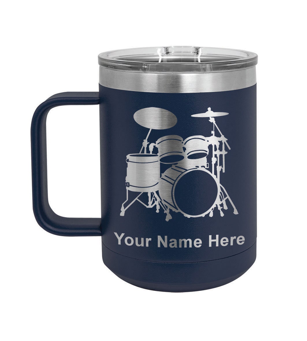 Lasergram 15oz Vacuum Insulated Coffee Mug, Drum Set, Personalized