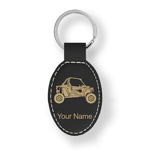 Faux Leather Oval Keychain, Off Road Racer, Personalized Engraving Included