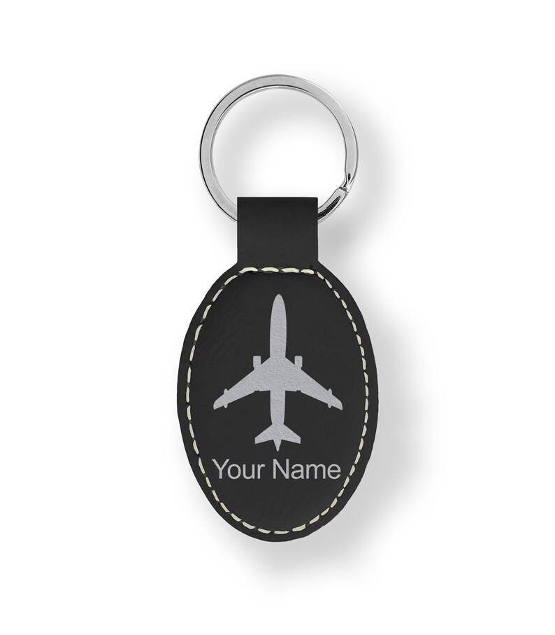 Faux Leather Oval Keychain,\u00a0Jet Airplane Personalized Engraving Included