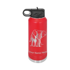 May include: Red stainless steel water bottle with a black lid and a handle. The bottle has an engraved image of an elephant and the text "Your Name Here".