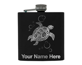 6oz Stainless Steel Flask, Hawaiian Sea Turtle, Personalized Engraving Included (Stainless Steel)