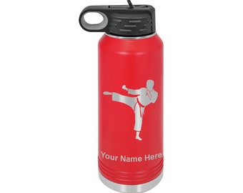 32oz Double Wall Flip Top Water Bottle with Straw, Karate Man, Personalized Engraving Included