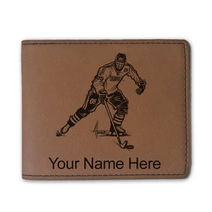 Cartera plegable de cuero sintético, jugador de hockey hombre, grabado personalizado incluido