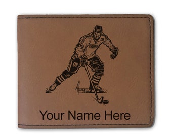 Faux Leather Bi-Fold Wallet, Hockey Player Man, Personalized Engraving Included