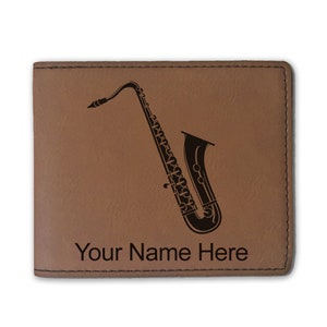 Cartera plegable de cuero sintético, saxofón, grabado personalizado incluido