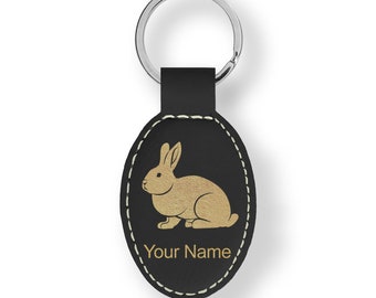 Faux Leather Oval Keychain, Rabbit, Personalized Engraving Included