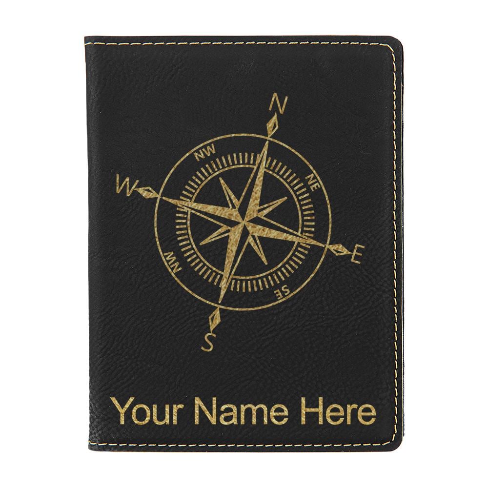 LaserGram Faux Leather Passport Holder, Compass Rose, Personalized Engraving Included