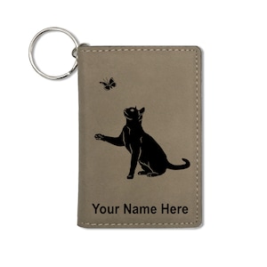 Monedero del titular de la identificación, gato con mariposa, grabado personalizado incluido
